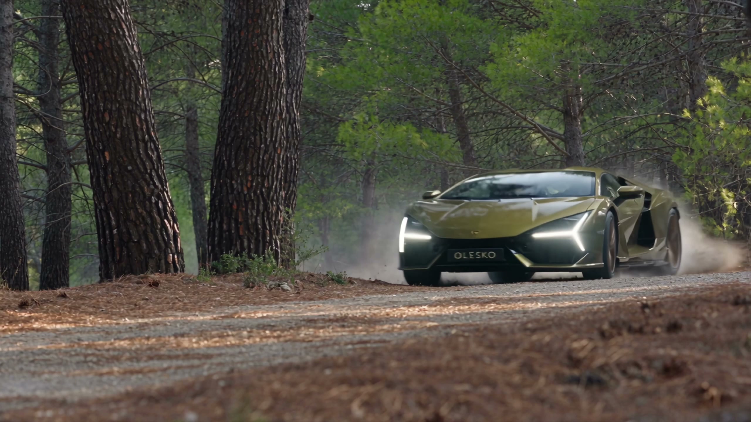 Olive Lamborghini Revuelto with an OLESKO plate driving a dusty pine-forest track, Y-DRLs lit