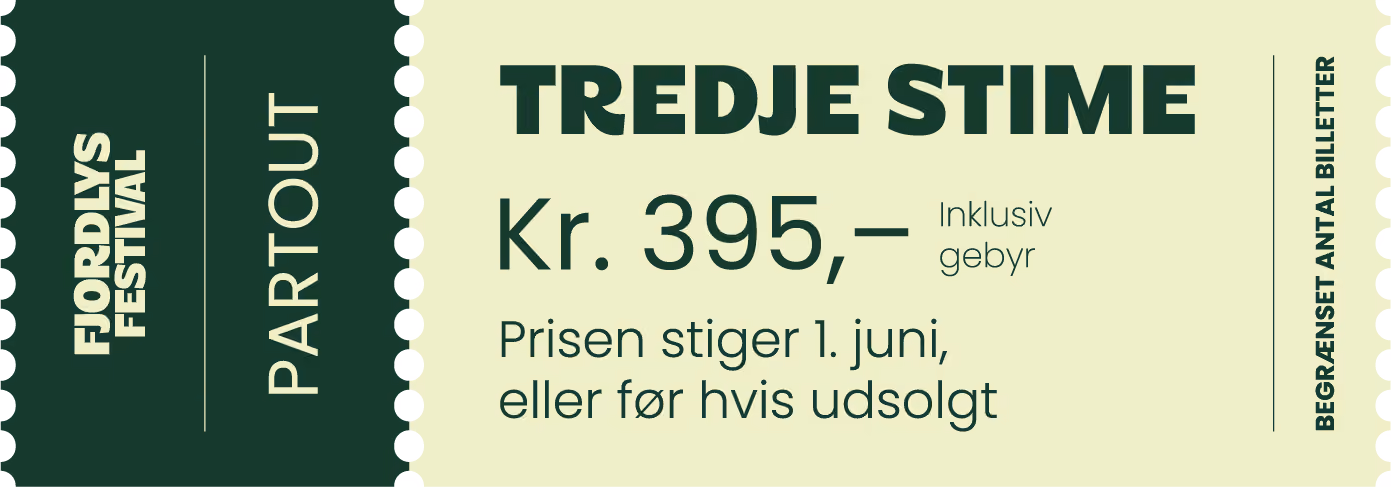 Grafik af en billet for tredje stime af billetsalget til Fjordlys Festival 2027 med prisen 395 kr. inkl. gebyr.
