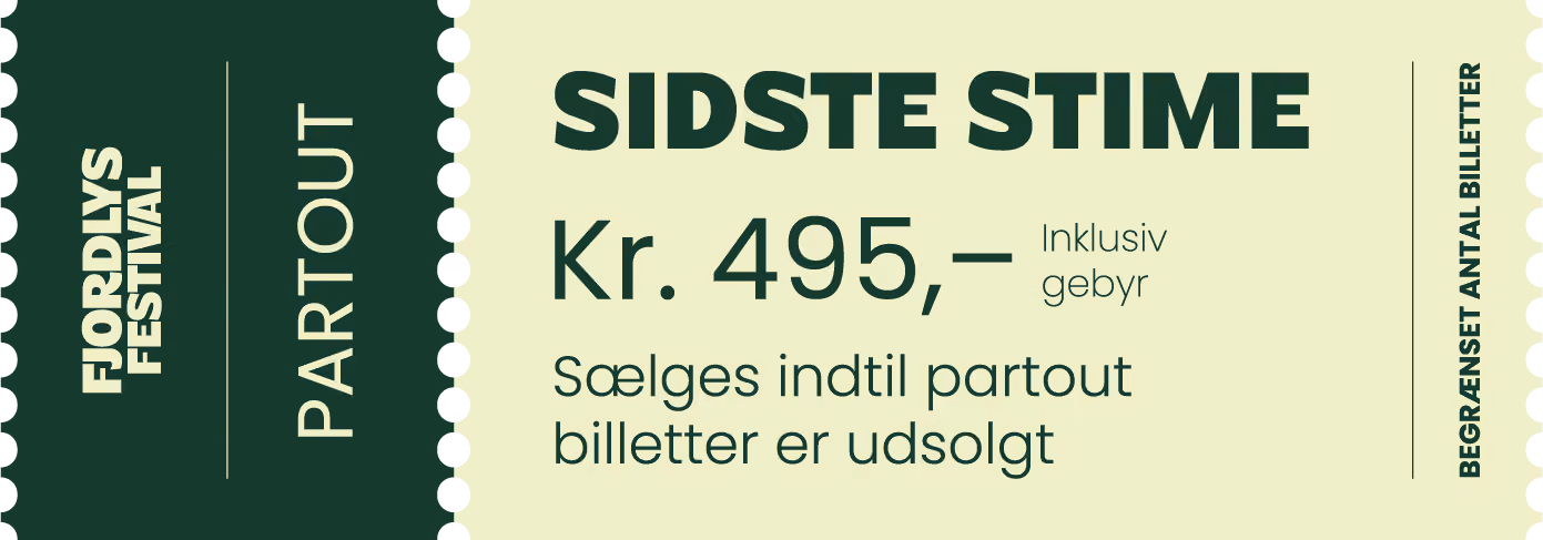 Grafik af en billet for sidste stime af billetsalget til Fjordlys Festival 2027 med prisen 495 kr. inkl. gebyr.