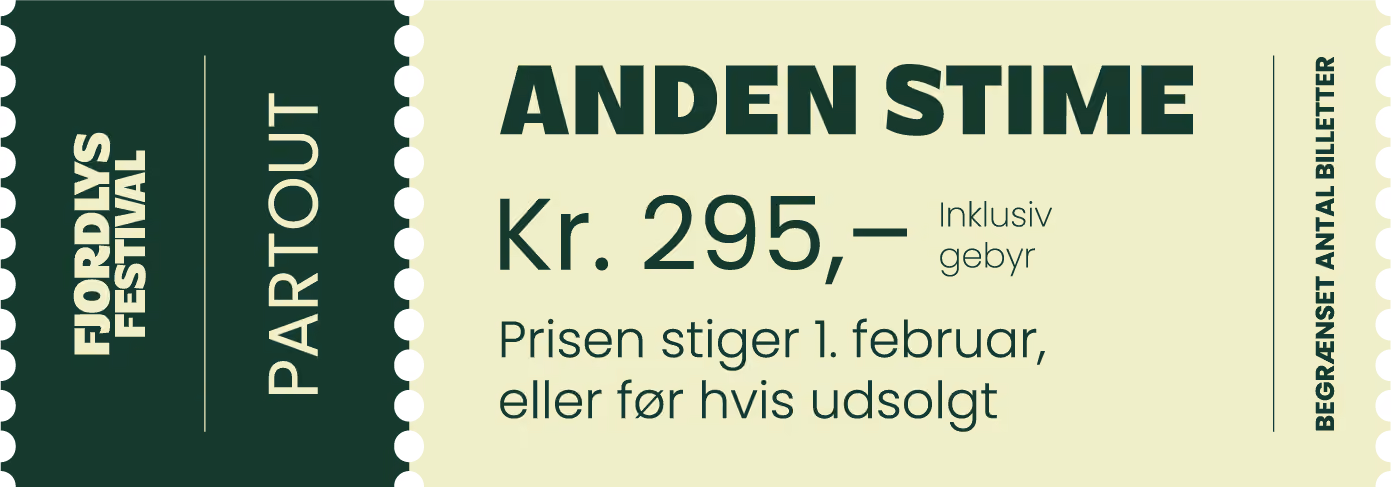 Grafik af en billet for anden stime af billetsalget til Fjordlys Festival 2027 med prisen 295 kr. inkl. gebyr.