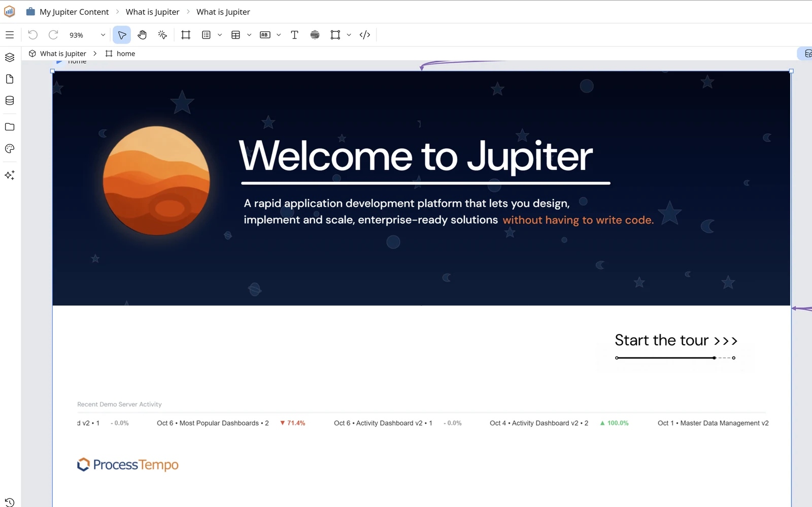 Abstract Jupiter application with an overlapping form, analytics dashboard, and connected workflow
