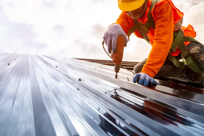 Construction,Worker,Install,New,Roof,roofing,Tools,electric,Drill,Used,On,New