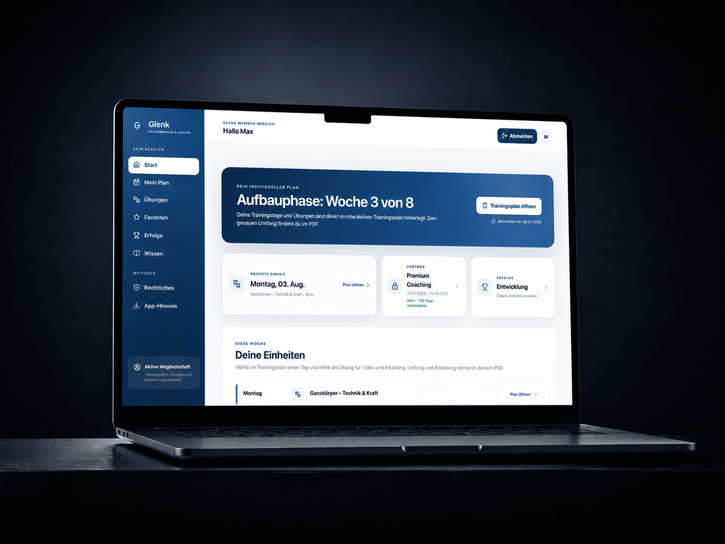 Glenk Performance & Health Webanwendung mit kundenorientiertem Coaching-Dashboard