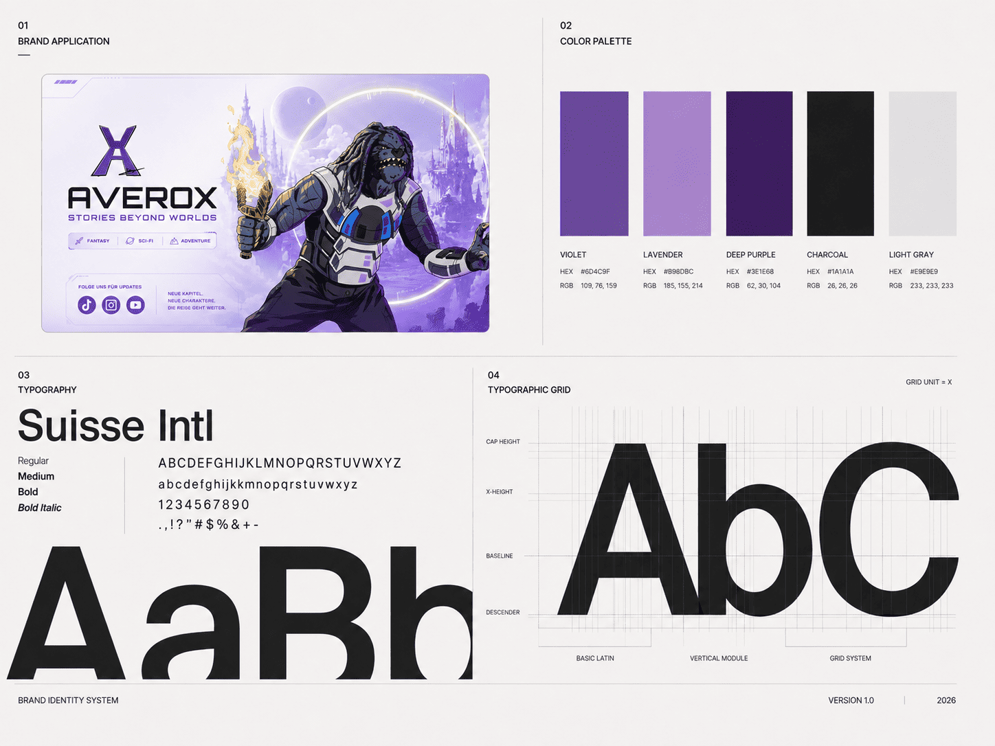 Averox Brand Application mit Farbpalette Typografie und Grid-System