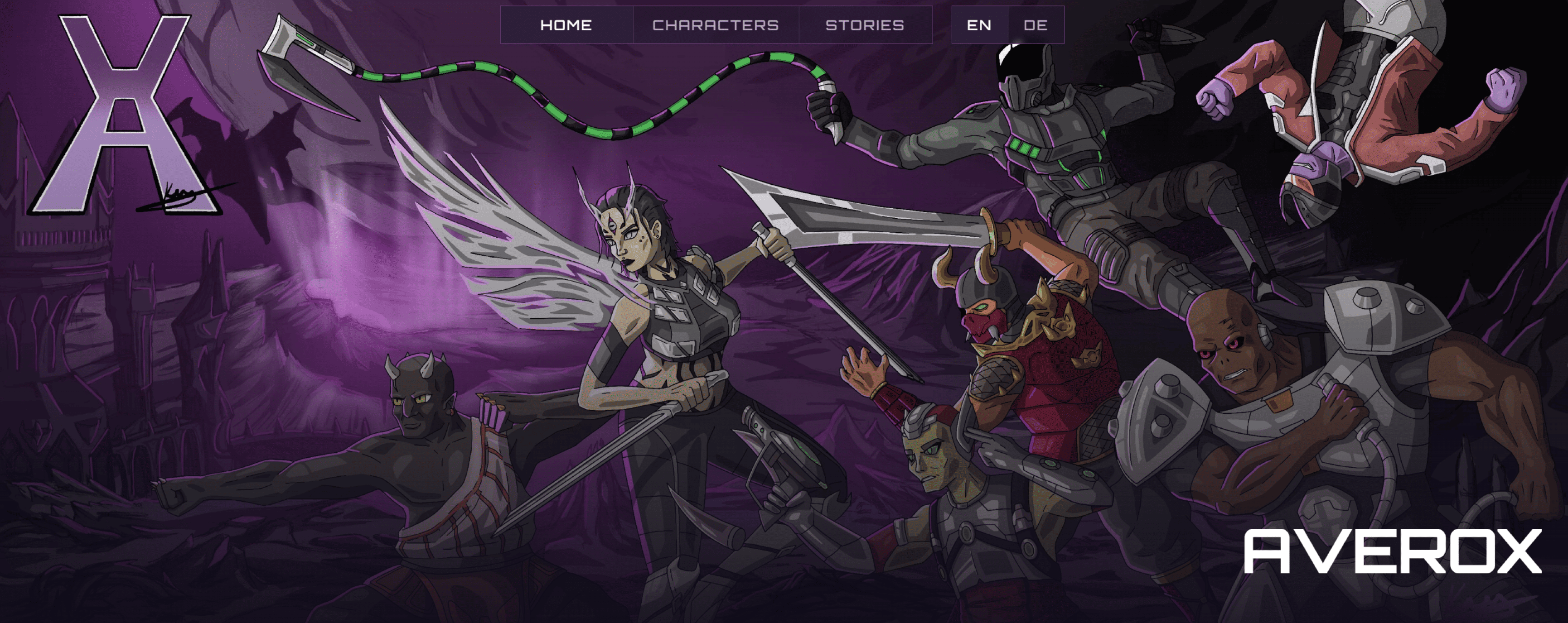 Averox Website Hero mit Character-Welt und Navigation