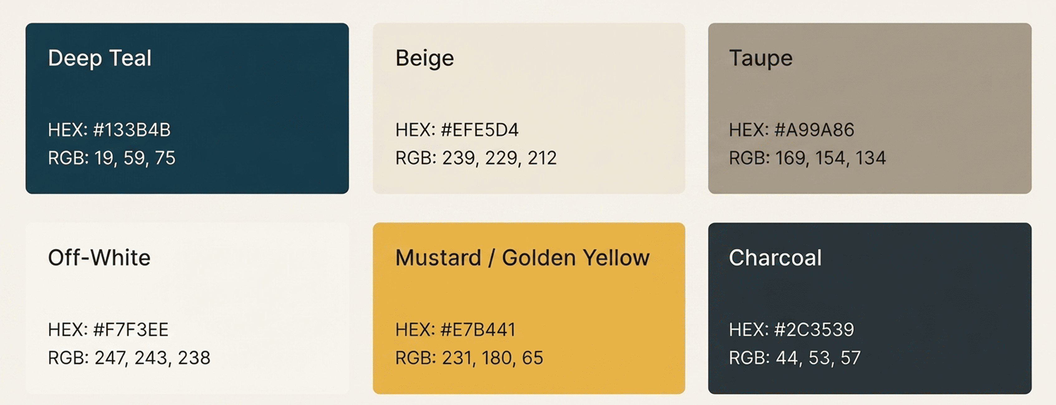 Higgis Burger Farbpalette mit Deep Teal Beige Taupe und Gold