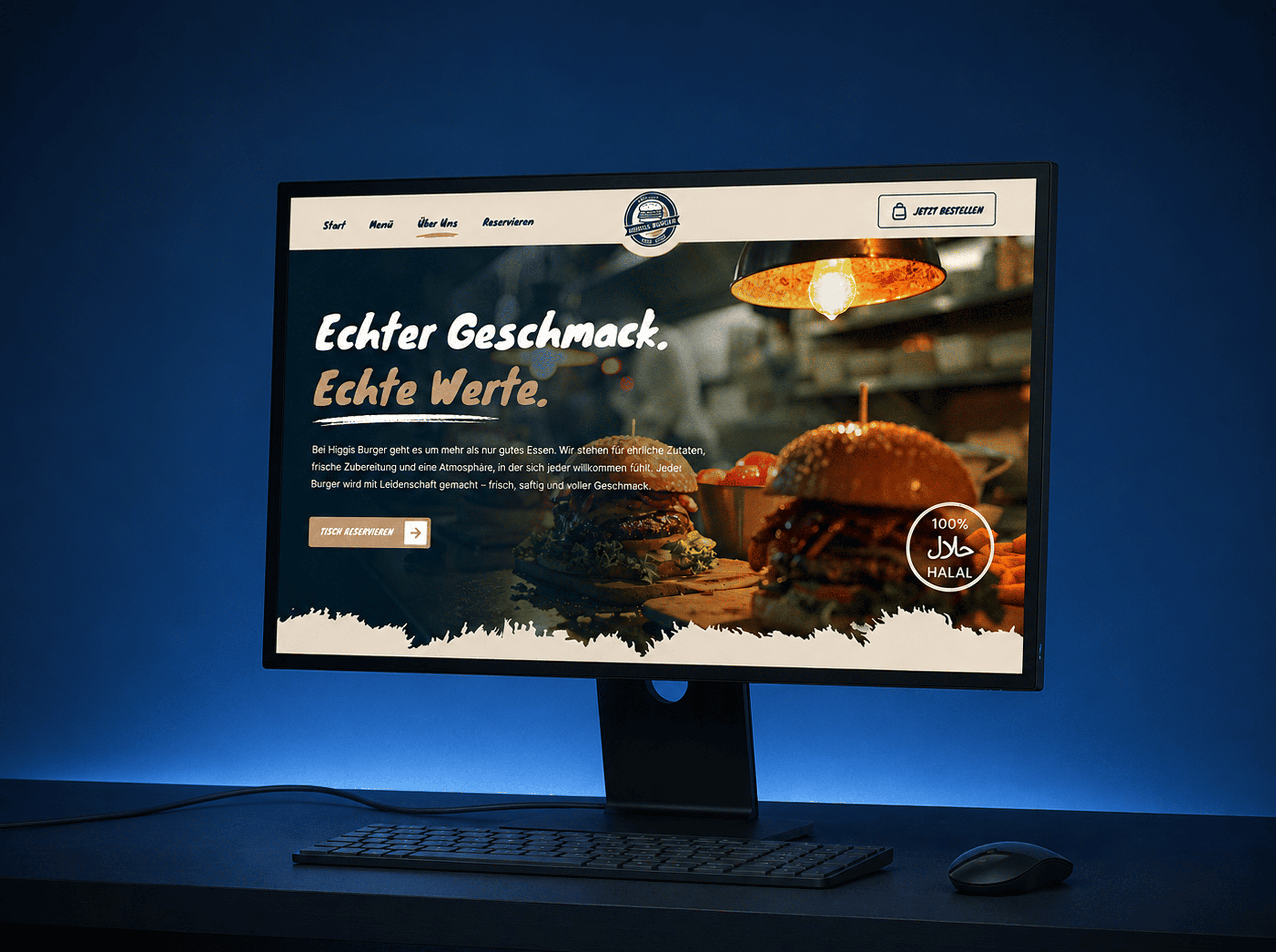 Higgis Burger Website auf Monitor mit Restaurant-Storytelling