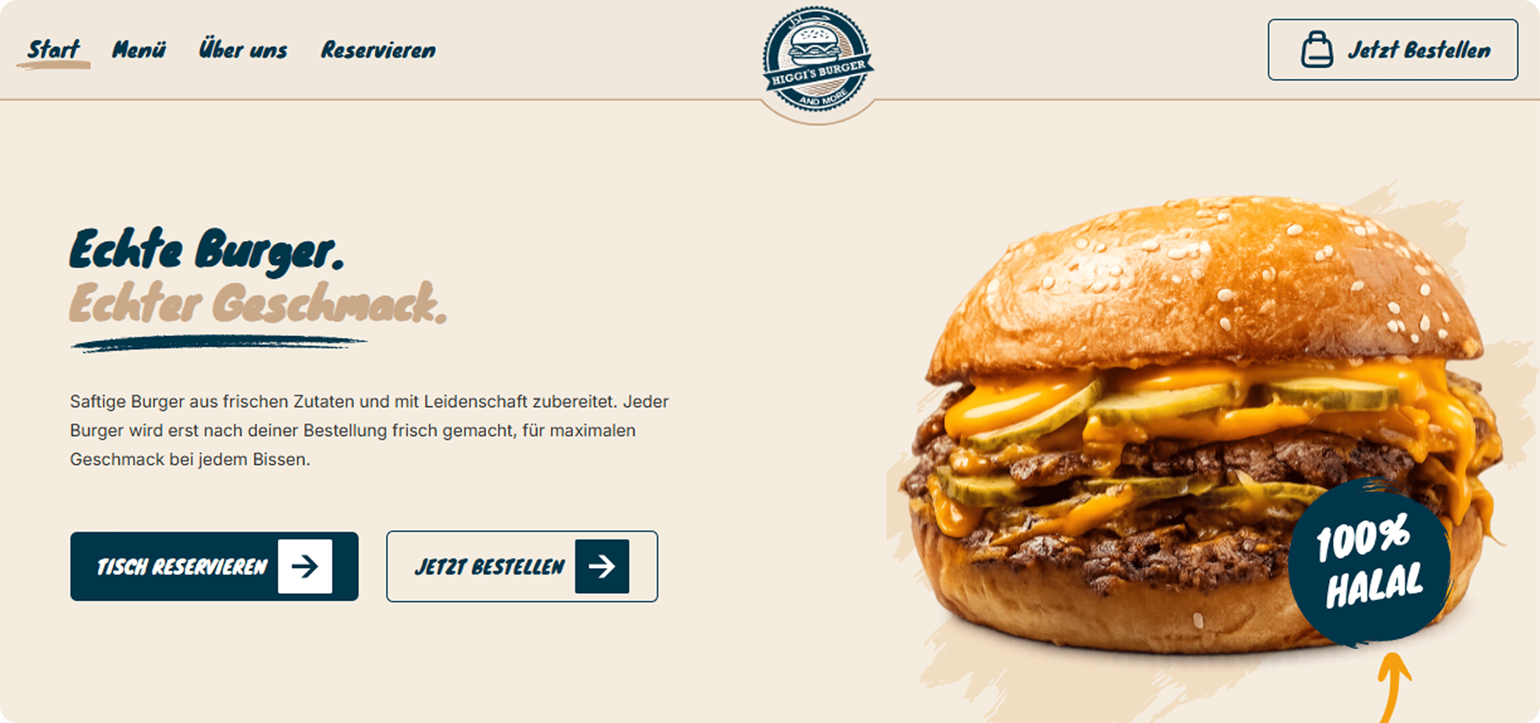 Higgis Burger Website Hero mit Burger und Reservierungs-CTA