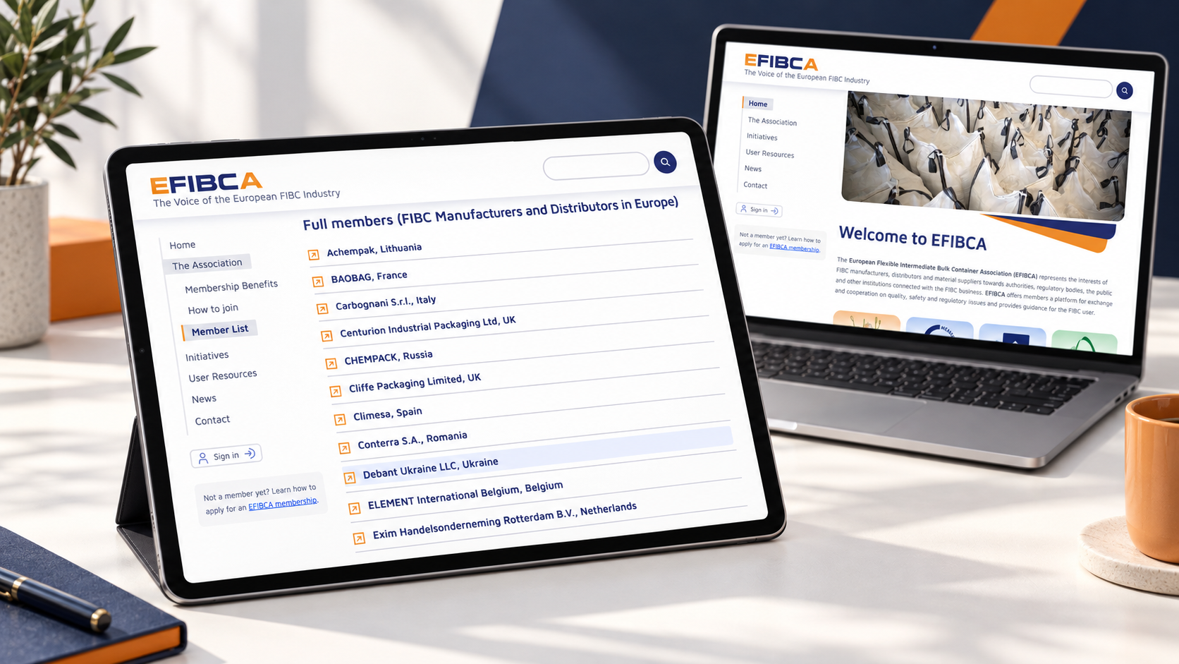 Europäische EFIBCA-Mitgliedsunternehmen und Verbandswebsite im Tablet- und Laptop-Mockup