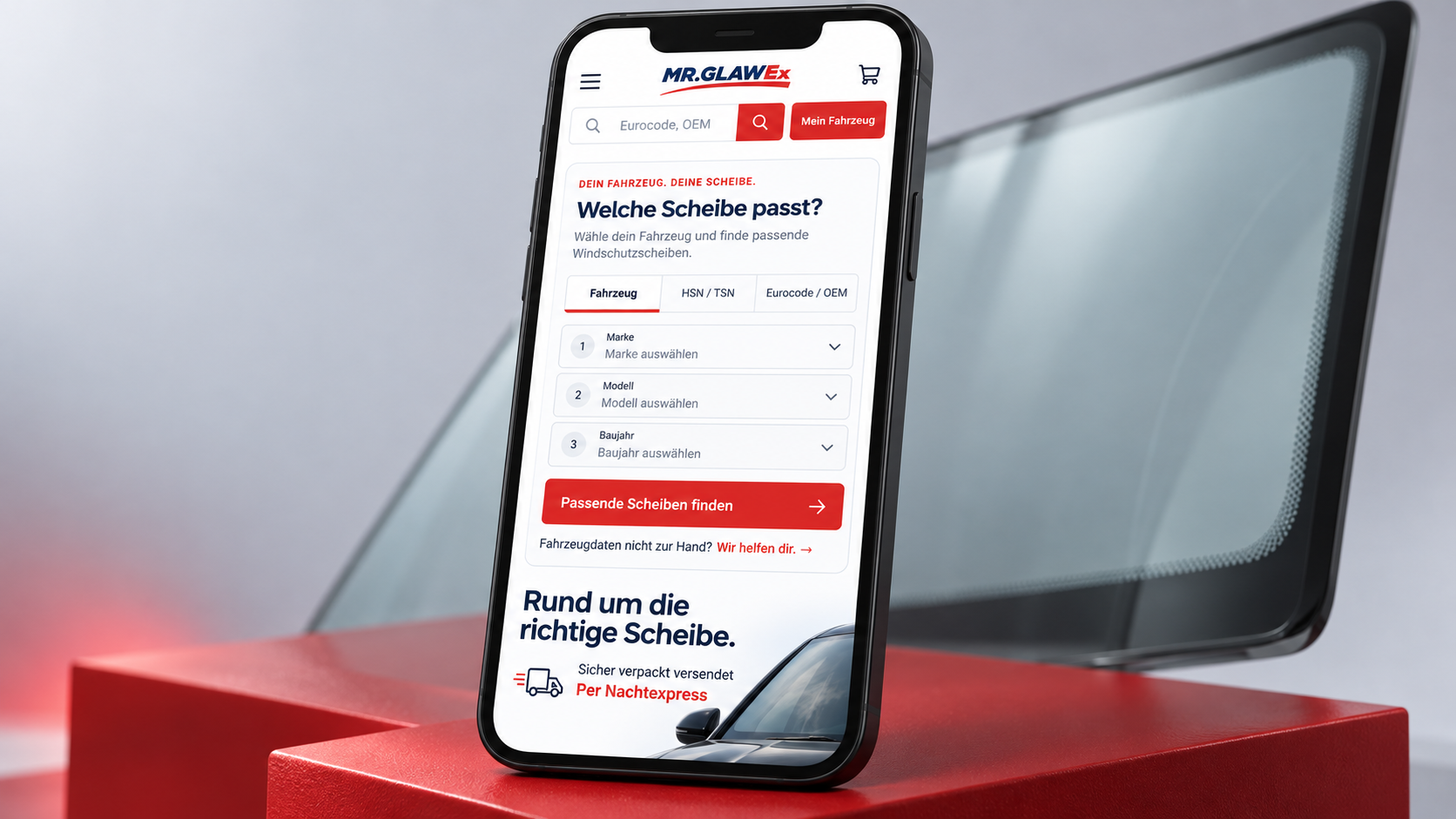 Mobile Fahrzeugsuche im Mr.-Glawex-Shop auf einem Smartphone