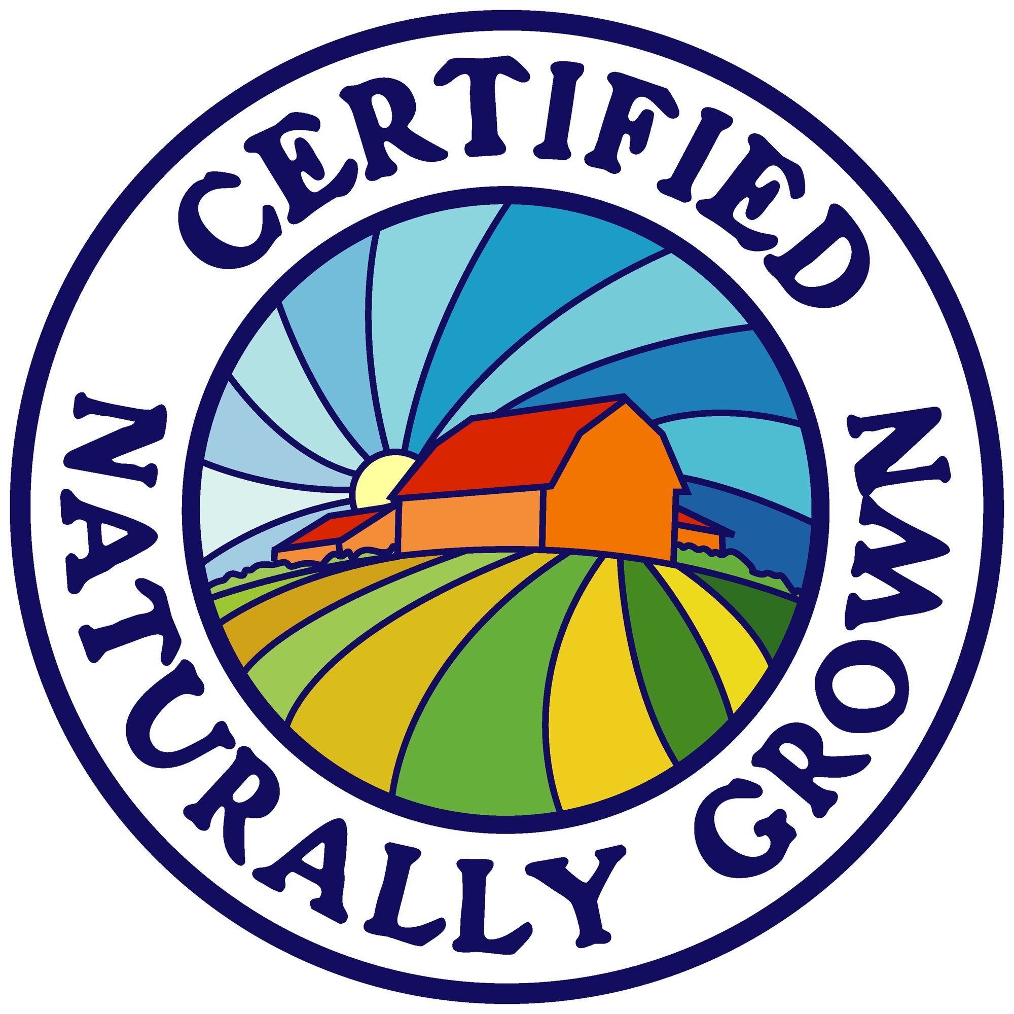 Certified Naturally Grown logo, a round seal with a red barn and striped fields