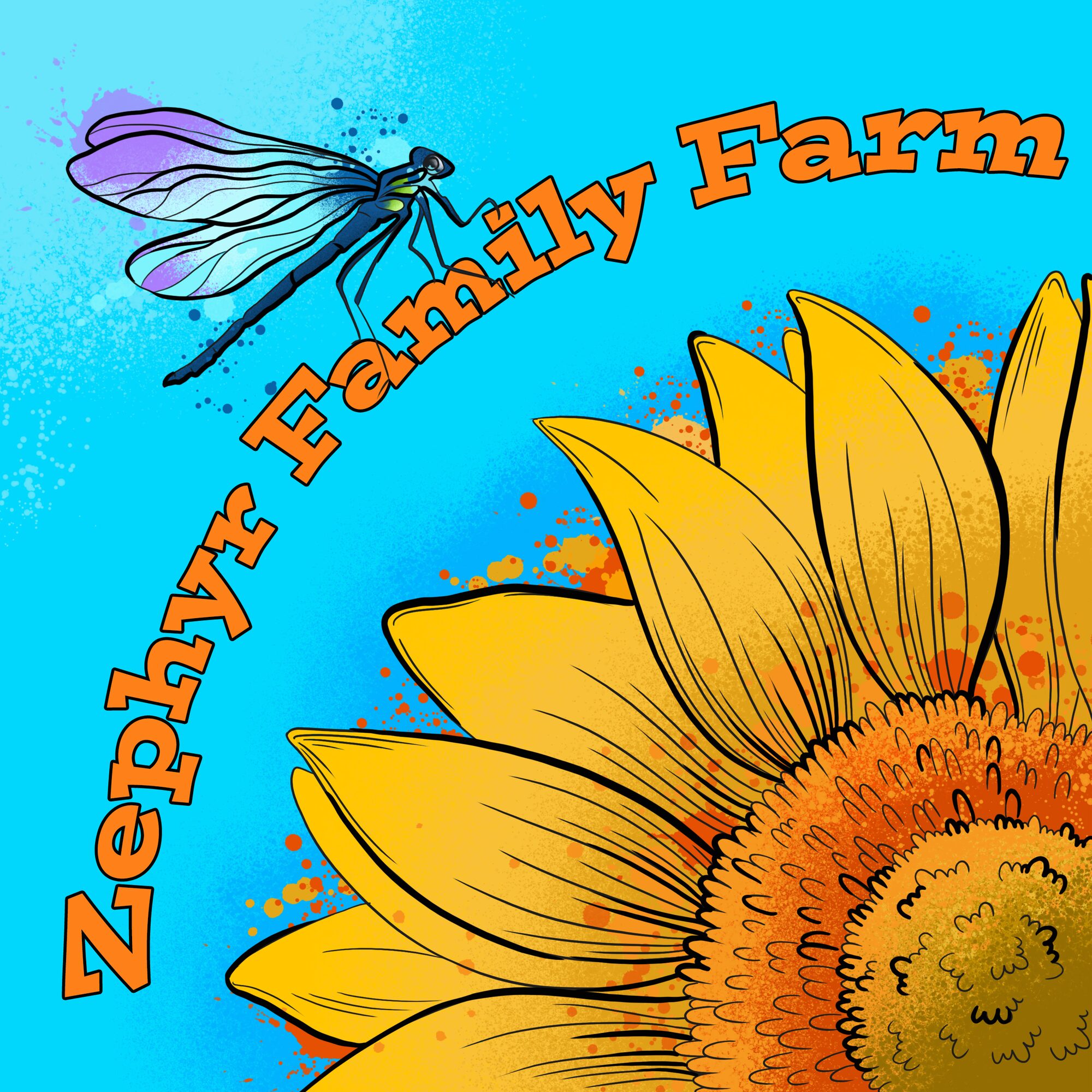 Zephyr Family Farm logo with a dragonfly and a yellow sunflower on a bright blue background