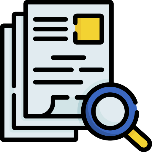 Magnifying glass inspecting a stack of documents with text lines and a yellow square.