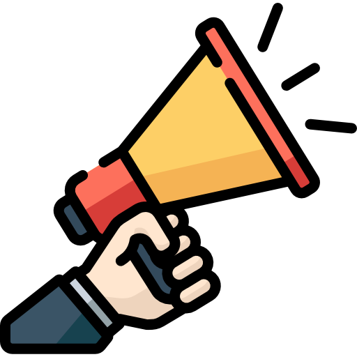 Hand holding a yellow and orange megaphone with three sound lines emitting from it.