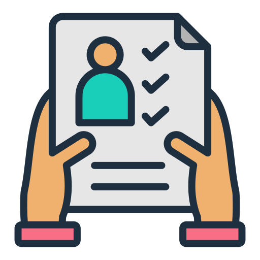 Hands holding a checklist paper with a user icon and three checked checkboxes.