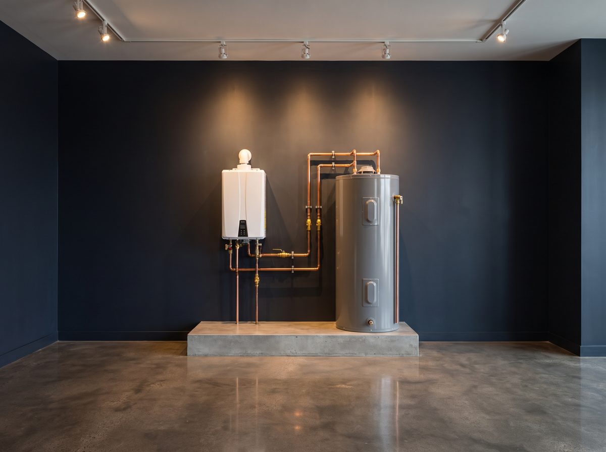Tankless and tank water heaters displayed side by side on a showroom plinth