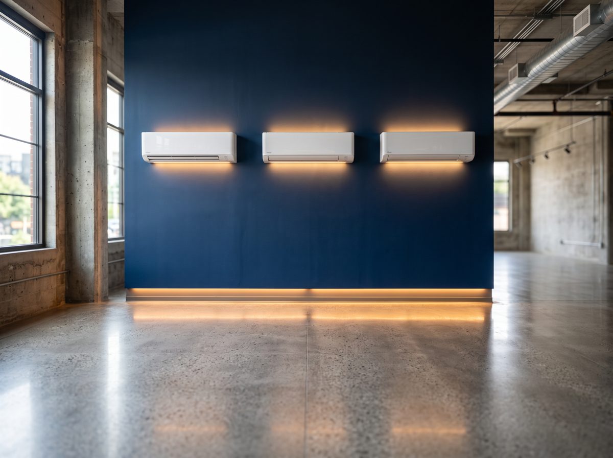 Row of ductless mini-split indoor units on a navy showroom display wall