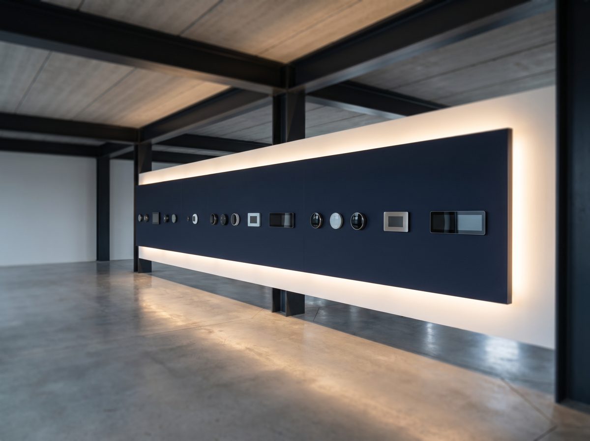 Smart thermostats and controls mounted on a backlit showroom display wall
