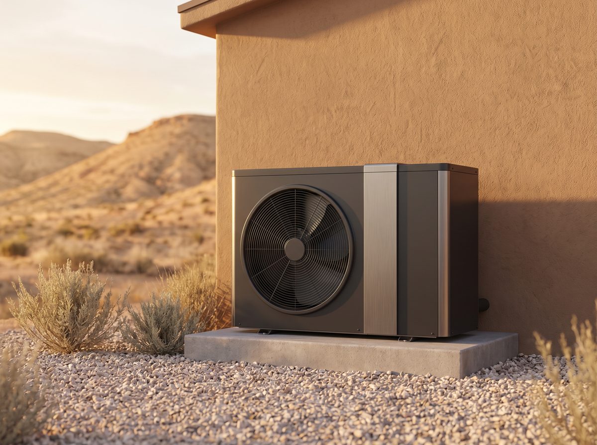 Outdoor heat pump unit beside a high-desert Nevada home