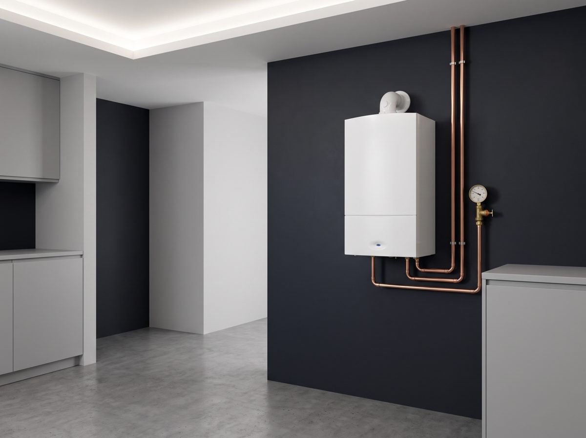 Wall-hung boiler with copper piping in a clean utility room