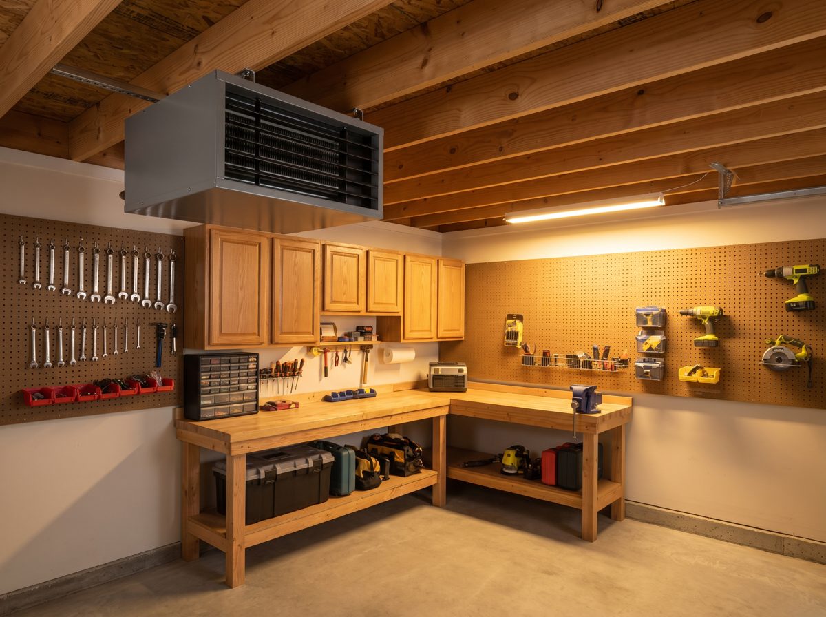 Ceiling-mounted garage heater above a workshop workbench