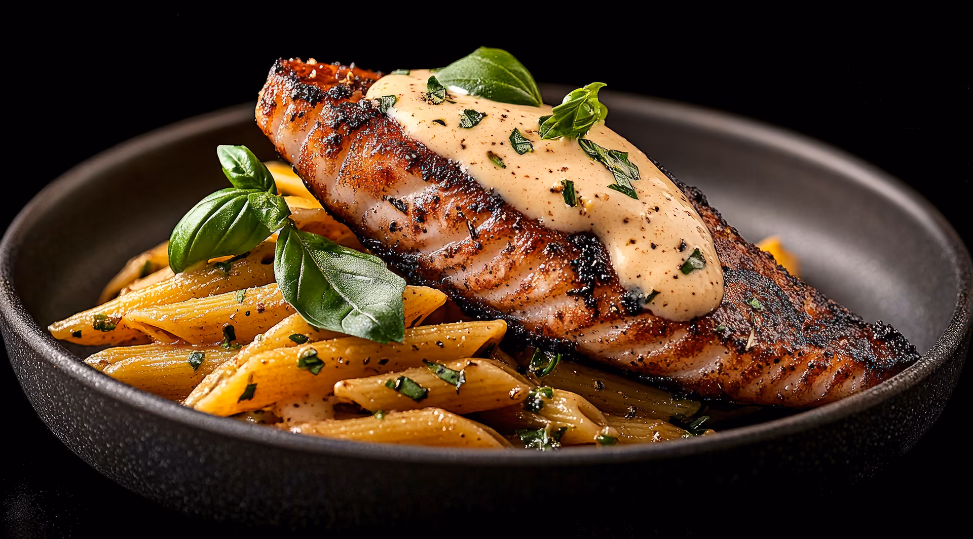 Blackened fish fillet on penne pasta with creamy sauce and fresh basil in a black bowl.