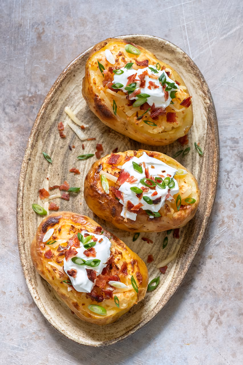 Three twice-baked potatoes topped with sour cream, bacon bits, shredded cheese, and chopped green onions on an oval plate.