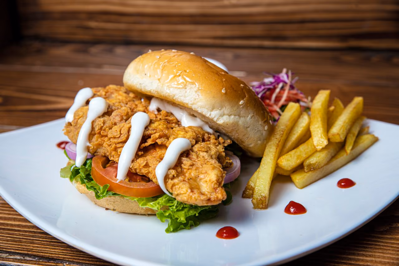 Fried chicken sandwich with lettuce, tomato, sauce, served with fries and ketchup on a white plate.