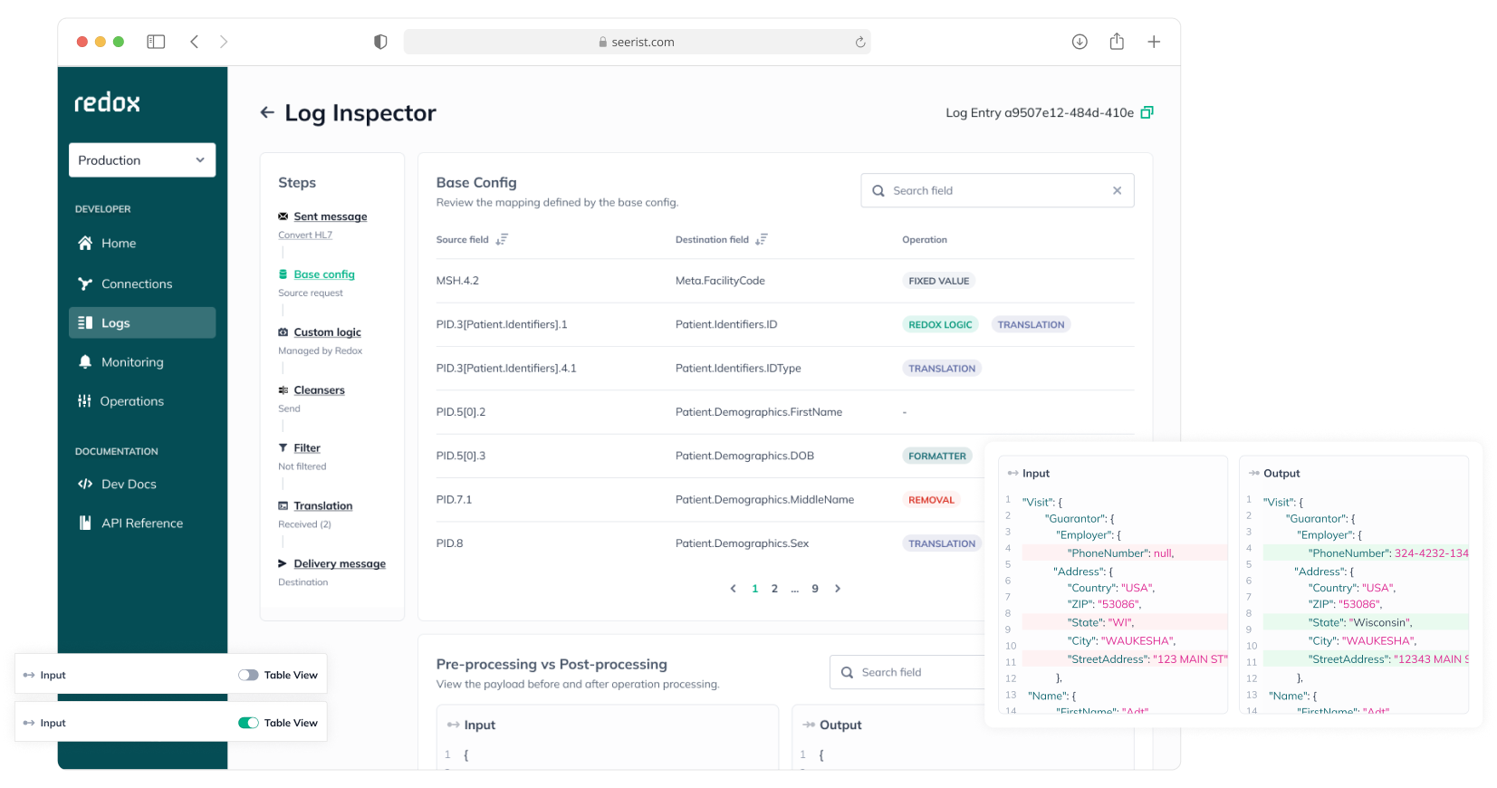 Log Inspector tracing a healthcare message across its processing steps