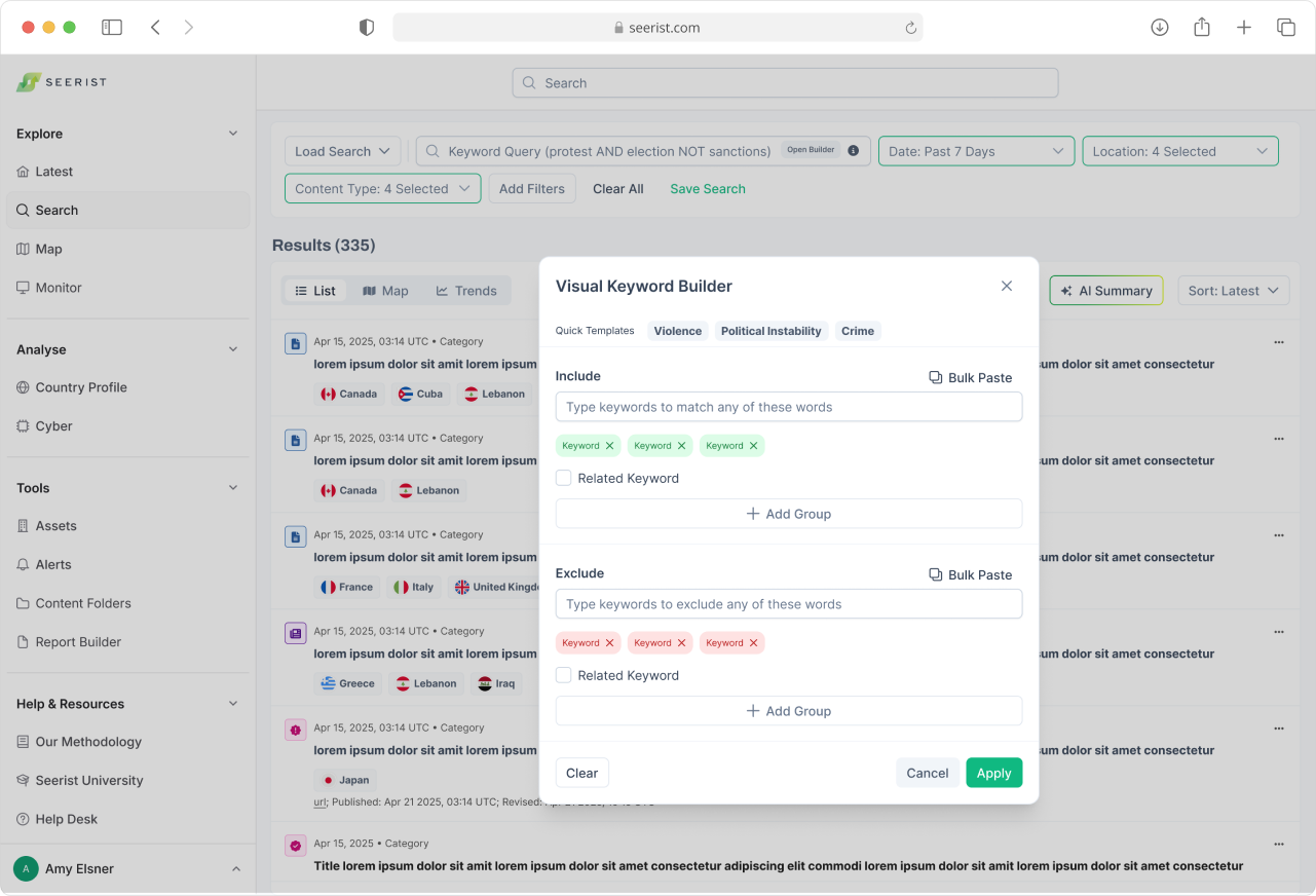 Visual Keyword Builder with include and exclude fields and inline guidance