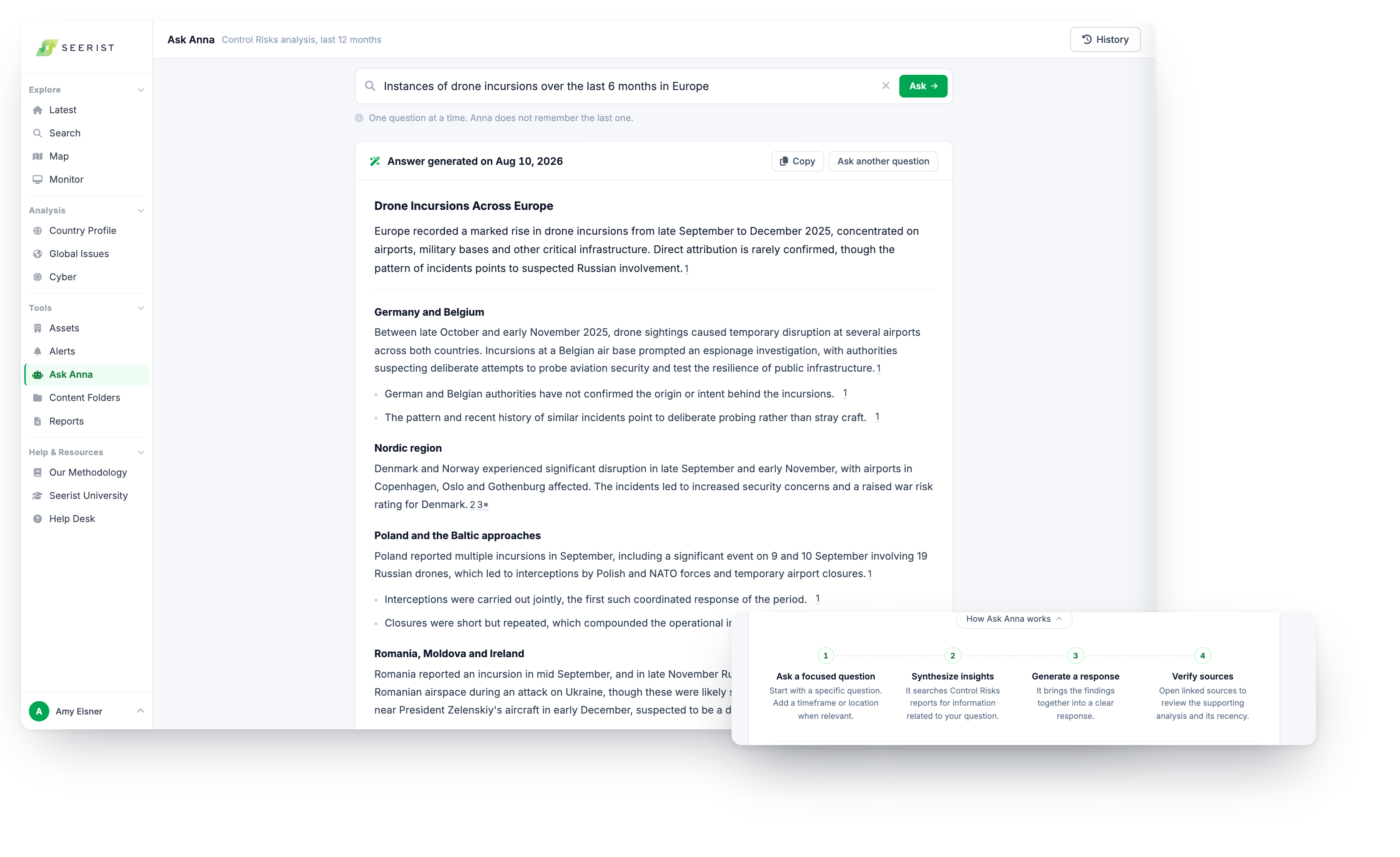  Ask Anna answering an analyst question with a cited summary inside Seerist