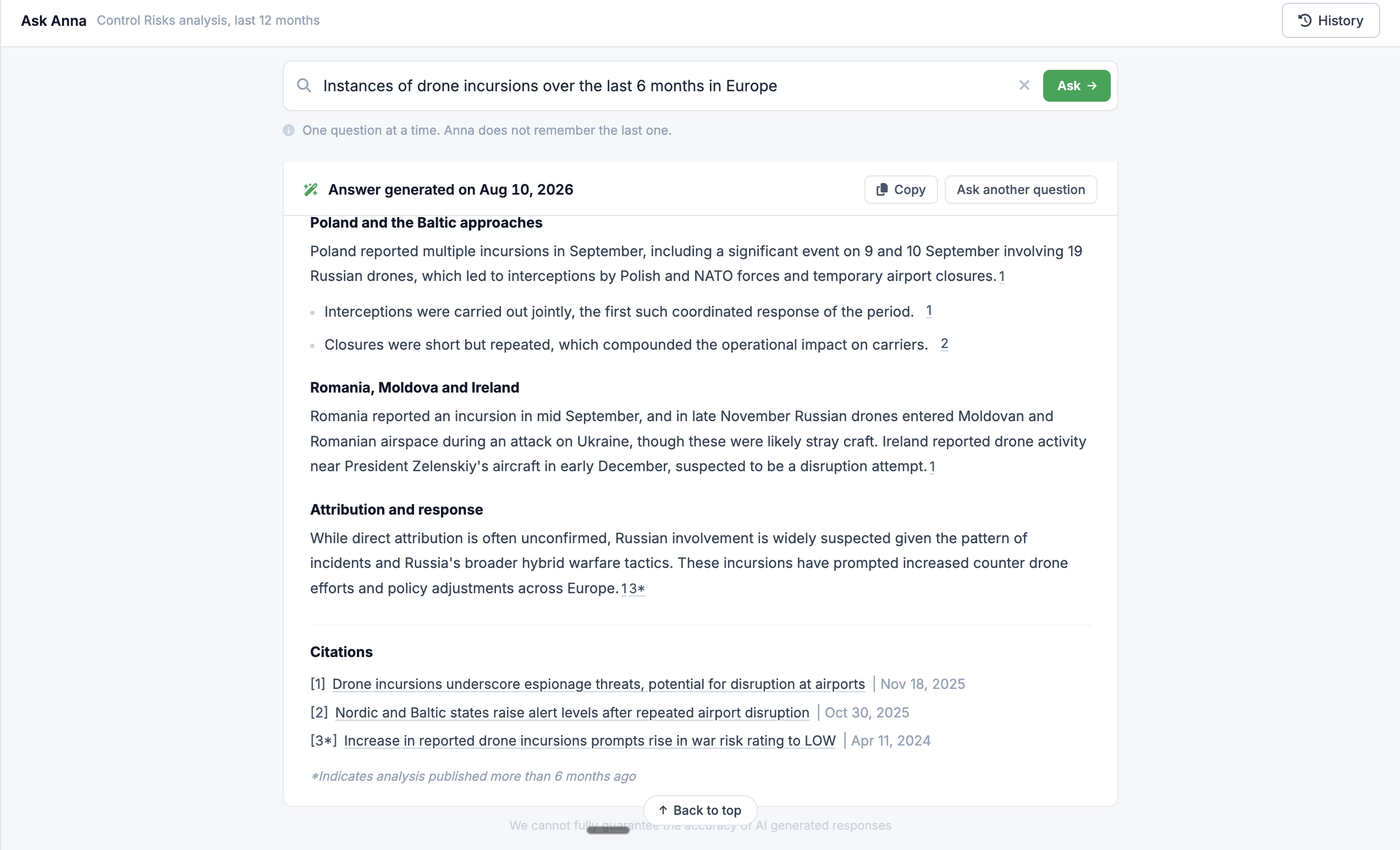 An answer with a key judgement, themed sections, and numbered citations listing each report and its date