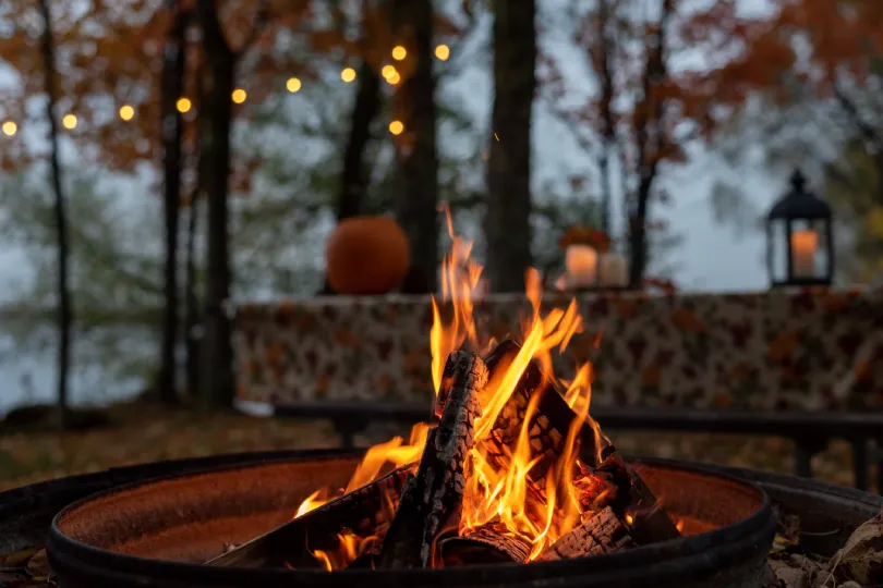 A campfire in a backyard.