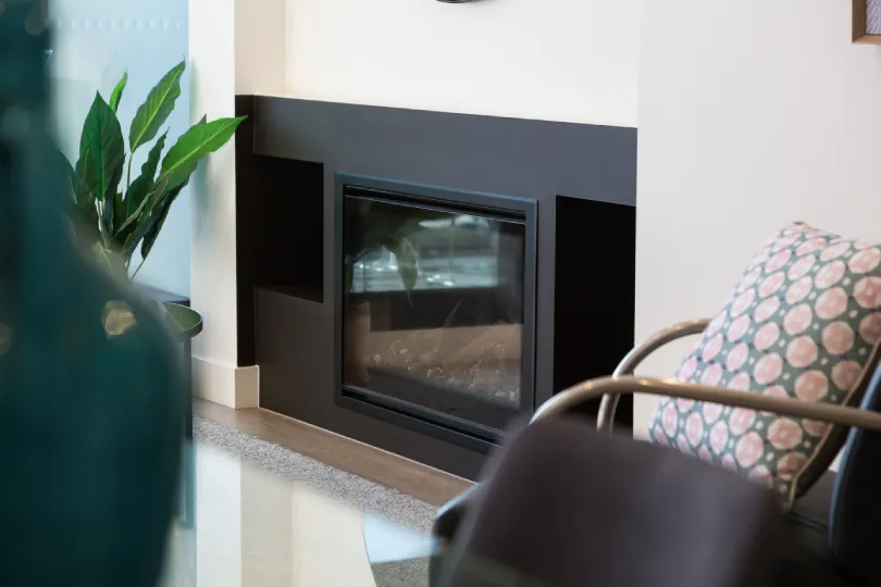A modern looking fireplace.