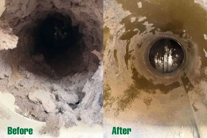 A before and after picture showing a dirty duct and how much clearer it is after a duct cleaning. It goes from a duct full of dust and hair to one without it.