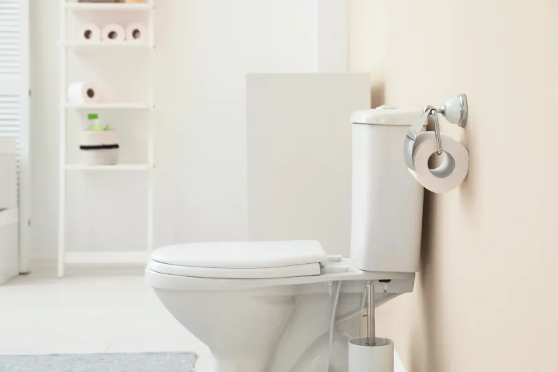 A toilet in a bathroom.