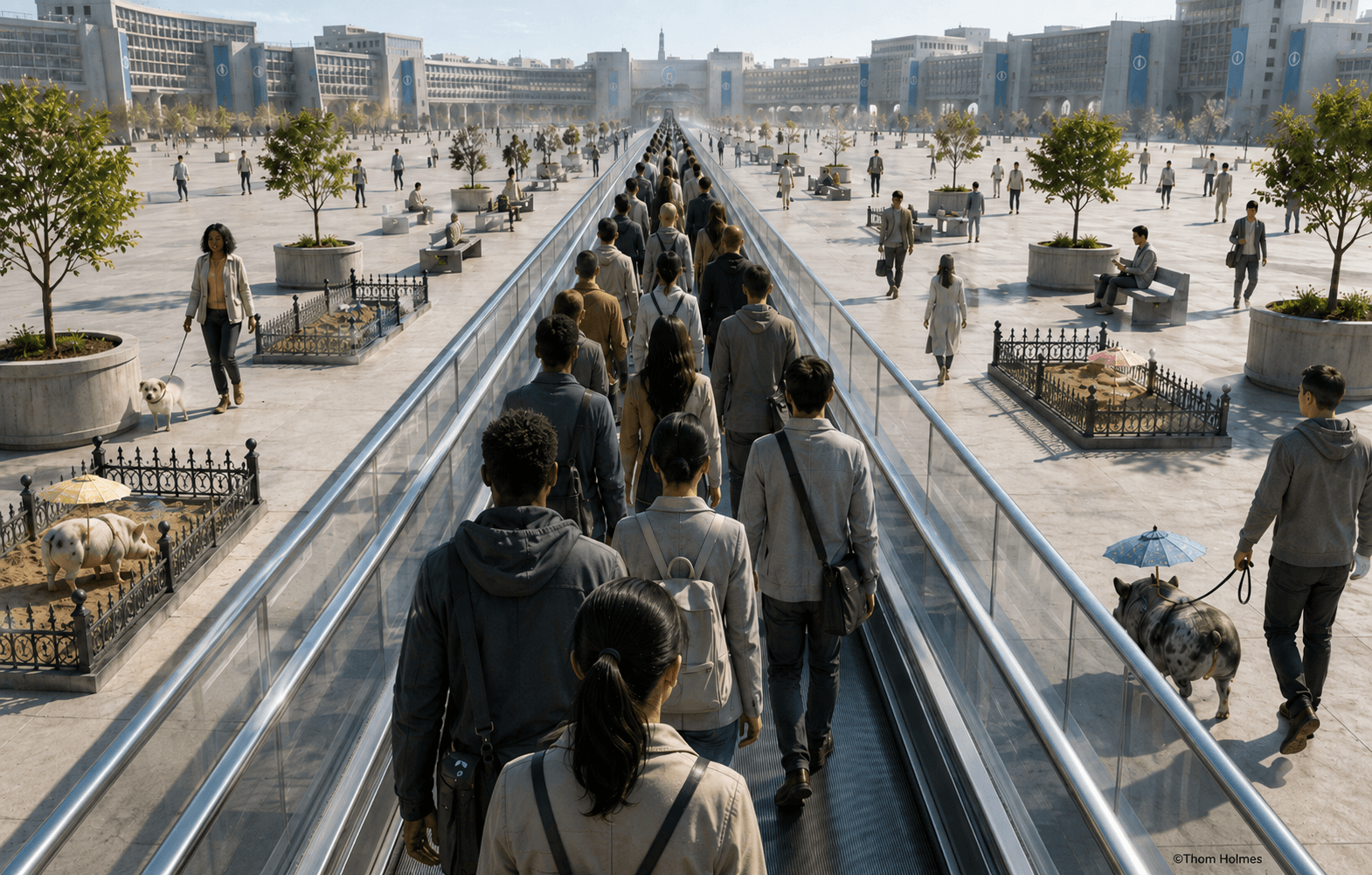 People moving walkway through an open plaza.