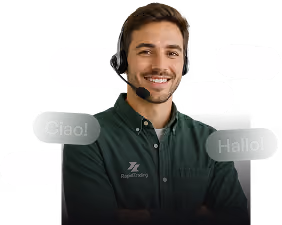 Smiling man wearing headset and dark shirt with chat bubbles saying Ciao! and Hallo!.