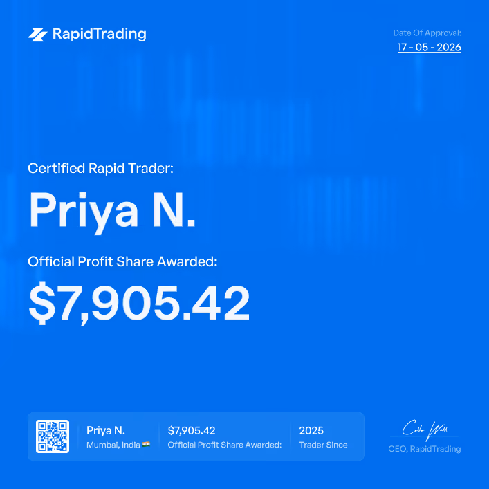 RapidTrading certificate for Priya N. awarded official profit share of $7,905.42 dated May 17, 2026.