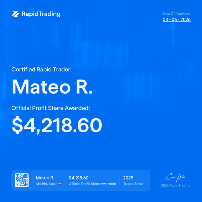 Certificate from RapidTrading for Mateo R. showing $4,218.60 profit share, approved on 03-06-2026.