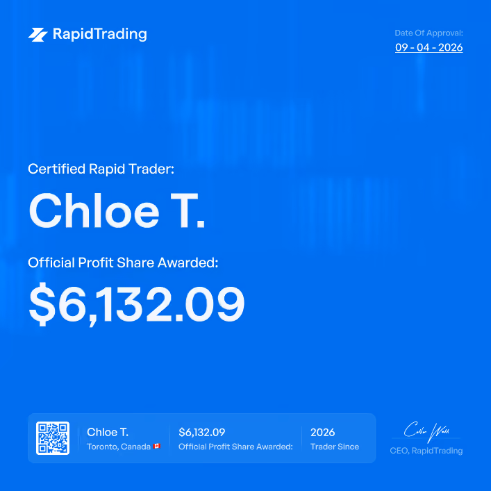 Certificate awarded to Chloe T. for $6,132.09 profit share by RapidTrading, valid till 09-04-2026.