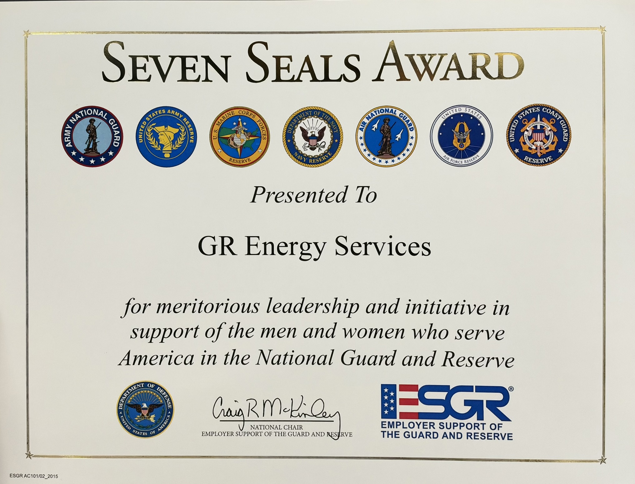 GR Seven Seals Award plaque
