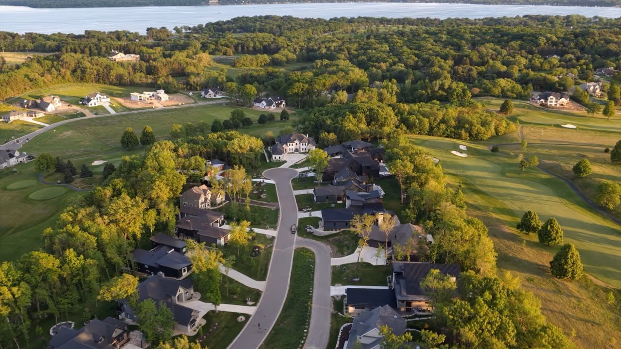 Bishops Bay neighborhoods and preserved prairie from the air