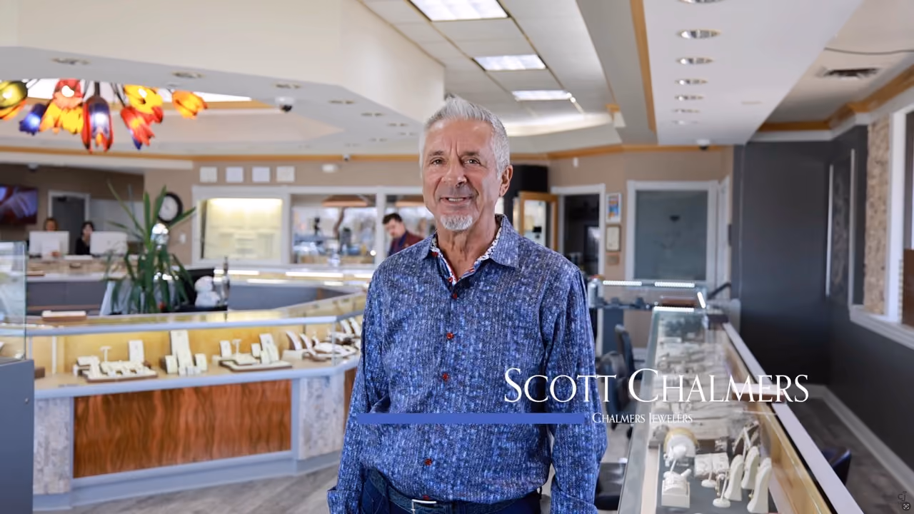 Interview frame from the Chalmers Jewelers family story film