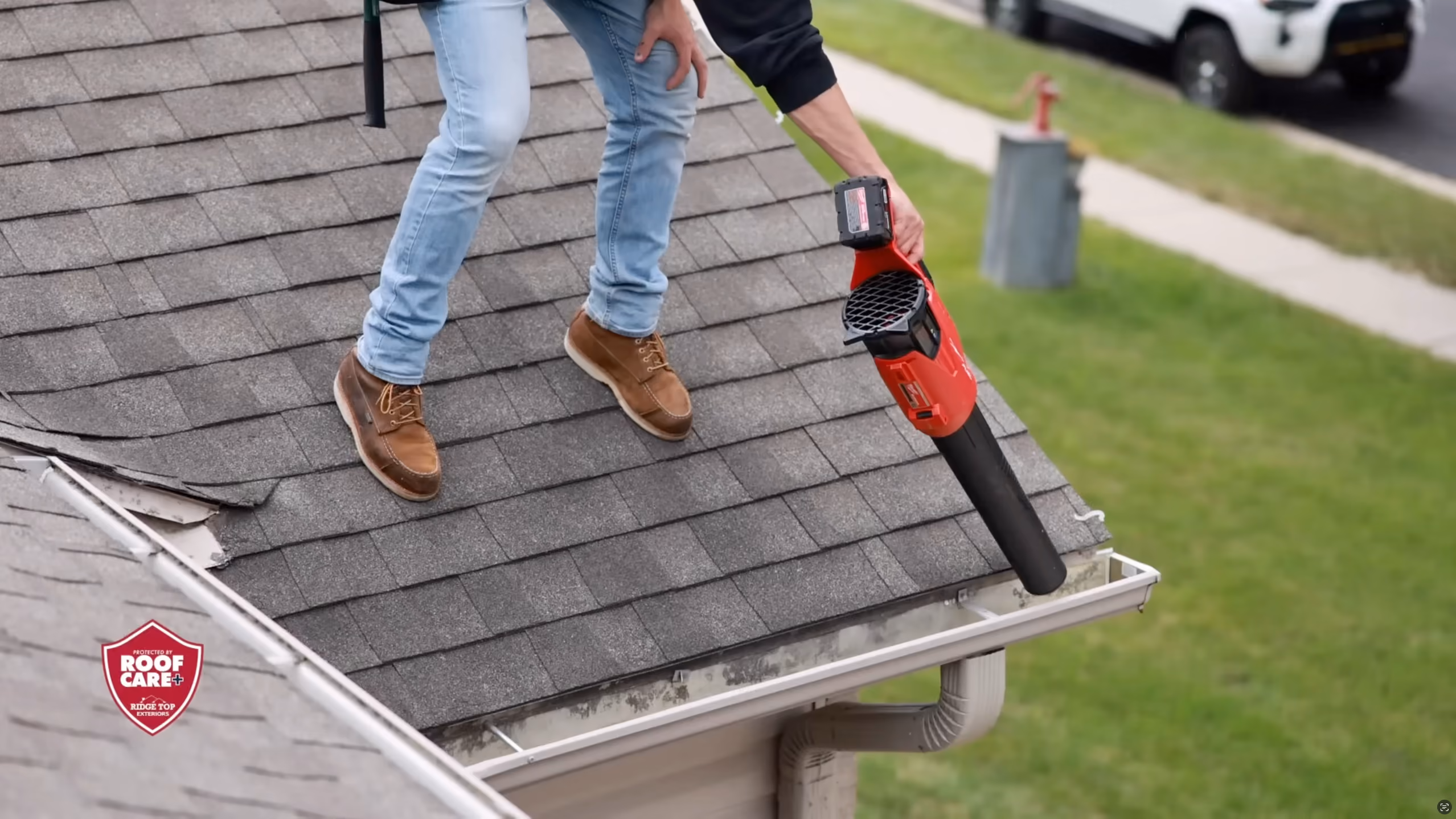 Drone footage of a roof from the RoofCare+ explainer
