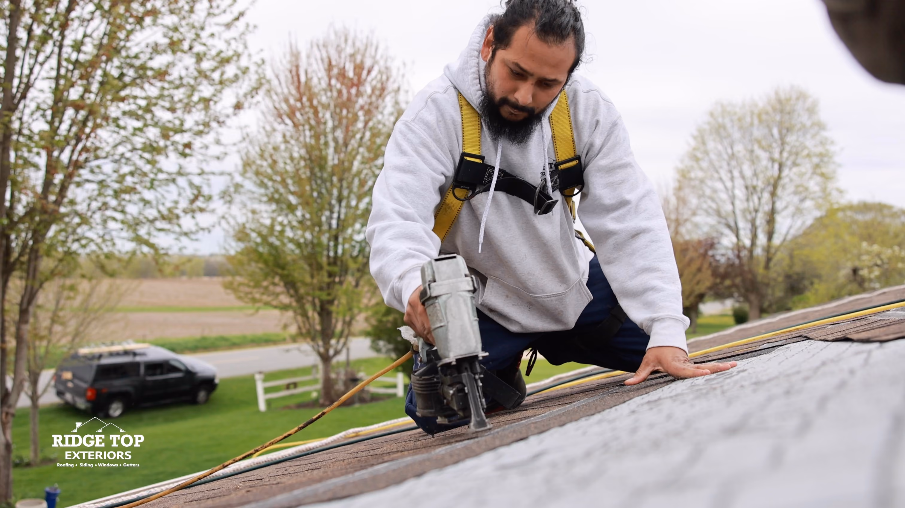 Drone footage of a real Ridge Top roofing install