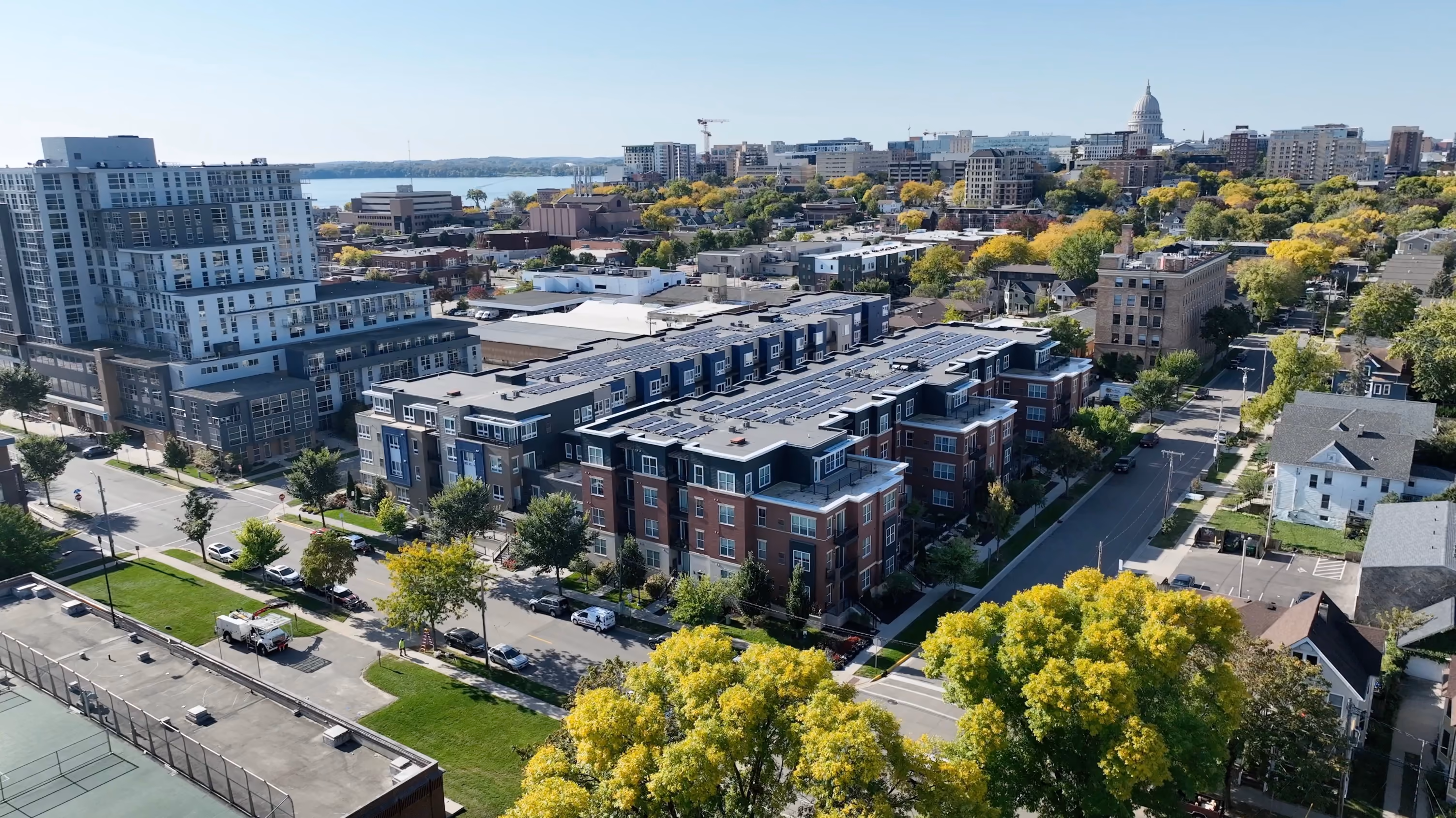Drone coverage of Veritas Village and its Madison setting