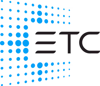 Electronic Theatre Controls logo with stylized blue dots forming a shape and black letters ETC.