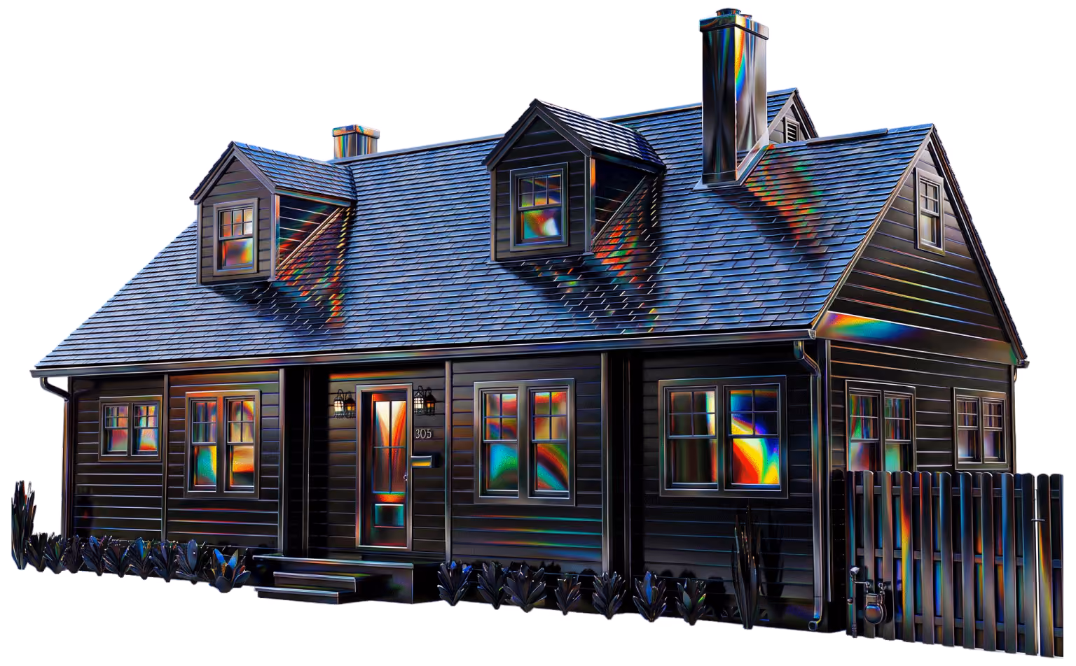 Modern black house with a steep roof, featuring two dormer windows, a chimney, multiple rectangular windows, a front door with a porch light, and a small fenced area on the right side.