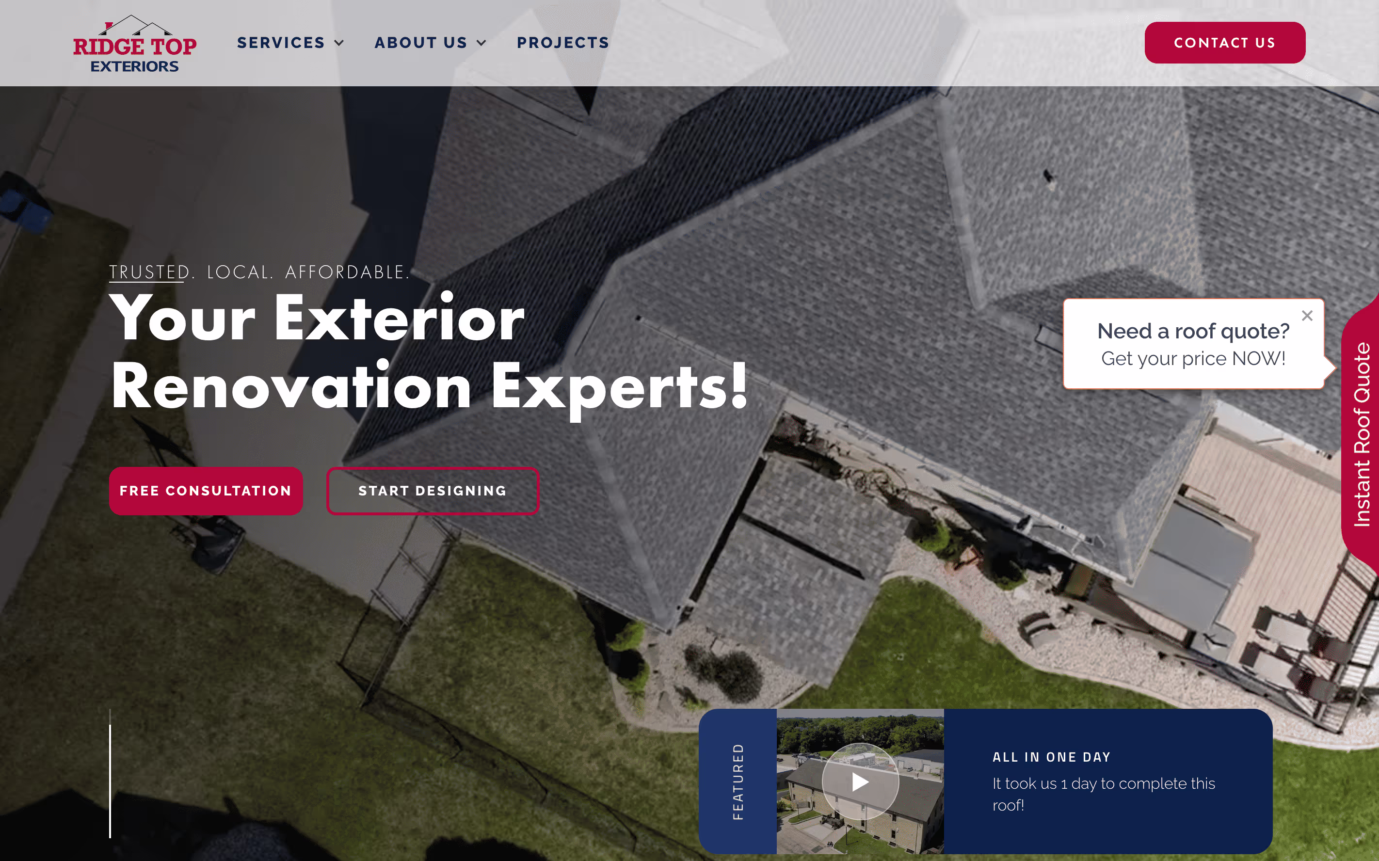Aerial view of a house with a recently renovated gray roof, surrounded by a green lawn, with buttons and text overlaid reading 'Your Exterior Renovation Experts!', and a navigation bar for Ridge Top Exteriors website.